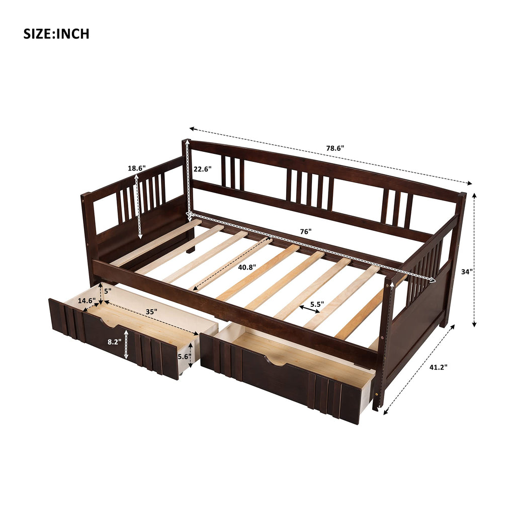 Twin Size Corner Day Bed Frame with Drawers, Solid Wood Daybed with Storage and Headboard, No Box Spring Needed