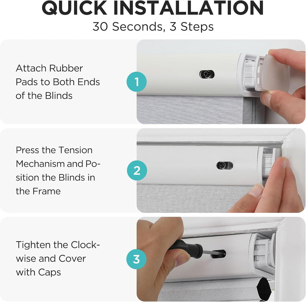 No Tools No Drill Window Blinds for Indoor Windows, Blackout Shades Cellular Shades Cordless, No Drill Blinds for