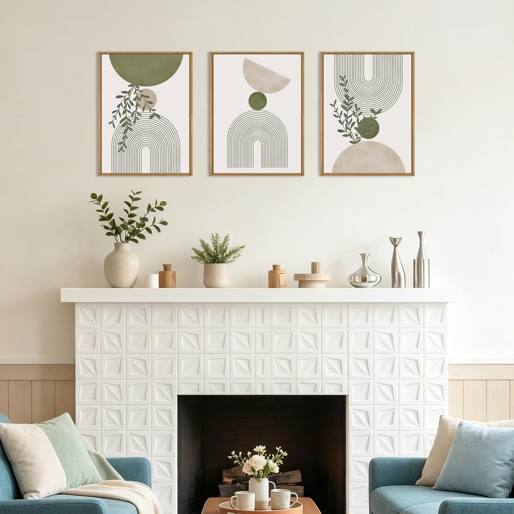Boho Abstract Wall Art Canvas, Sage Green Wall Decor Framed, Geometric Line Art Prints Leaves, Minimalist Artwork