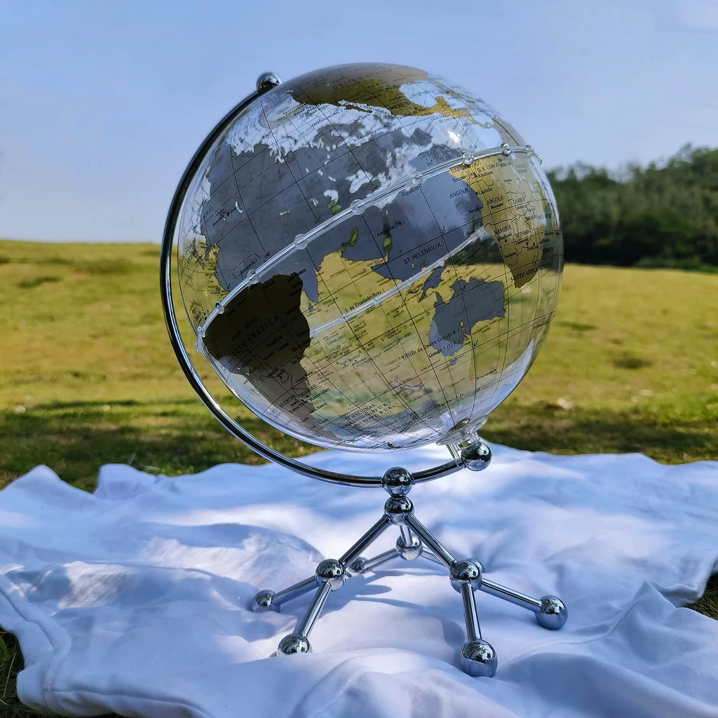 8'' World Globe, Clear Metal Globe with Built-in Gypsophila LED Strip Decor, Office Desktop, Study Education