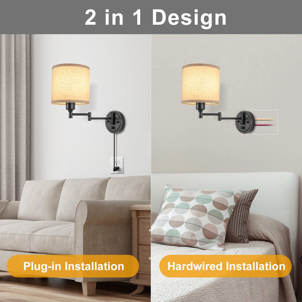Dimmable Plug in Wall Sconces, Swing Arm Wall Lamp, Wall Sconces Set of Two, Plug in Wall Light, Sconces Wall Decor