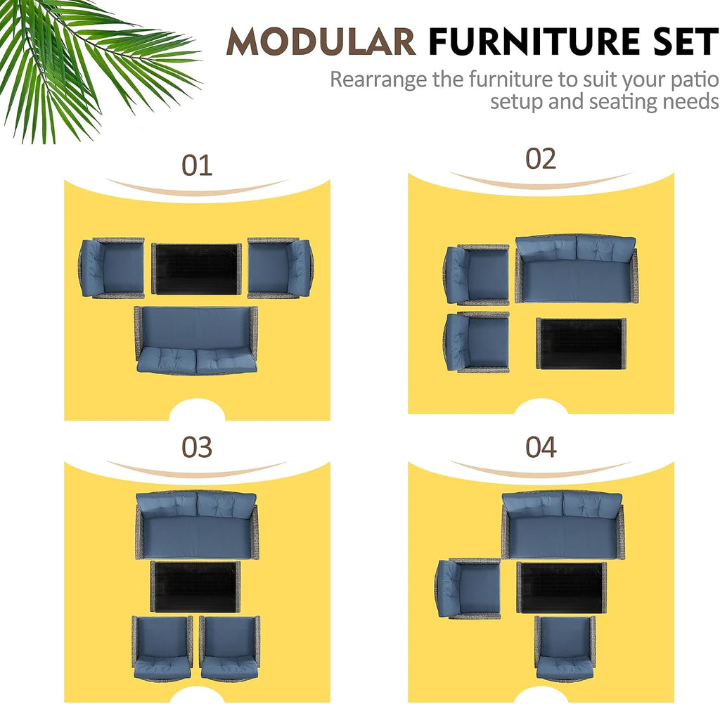 4 Piece Patio Furniture Set, Outdoor Rattan Conversation Set with Coffee Table, Outside Wicker Sectional Sofa Couch