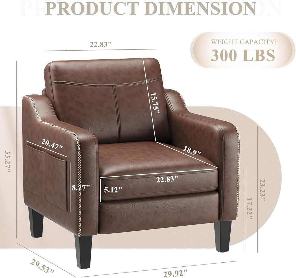 PU Leather Accent Chair, Mid-Century Modern Living Room Armchair Sofa with Removable Cushions, Solid Wood Frame &