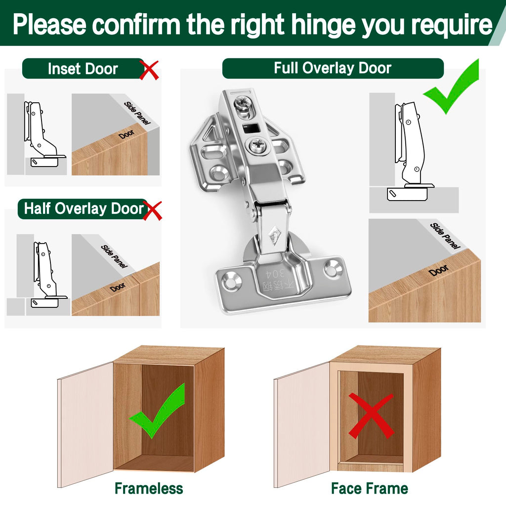 10 Pair 20 Packs Full Overlay Kitchen Cabinet Door Hinges, 105° Frameless Concealed Soft Close Adjustable Cabinet