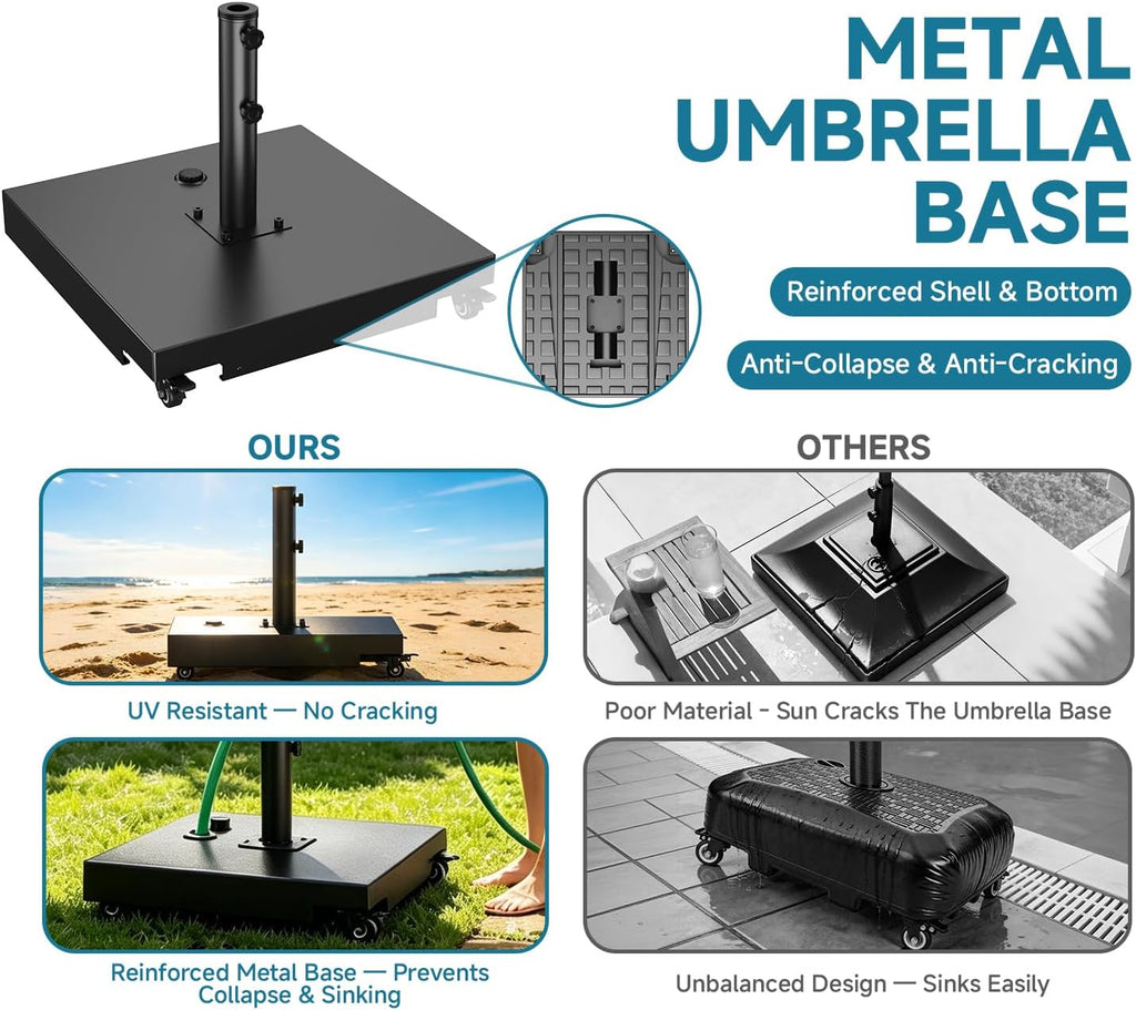 Metal Umbrella Base, 21 inch Heavy Duty Umbrella Stand with 4 Wheels | 200 lbs Max Capacity Fillable Base