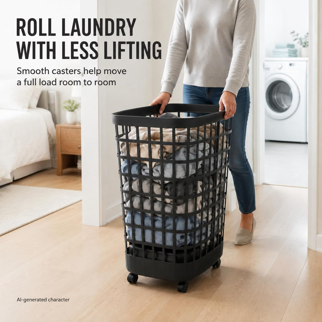 Black Rolling Laundry Hamper w/Casters, 2.6 Bushel Capacity