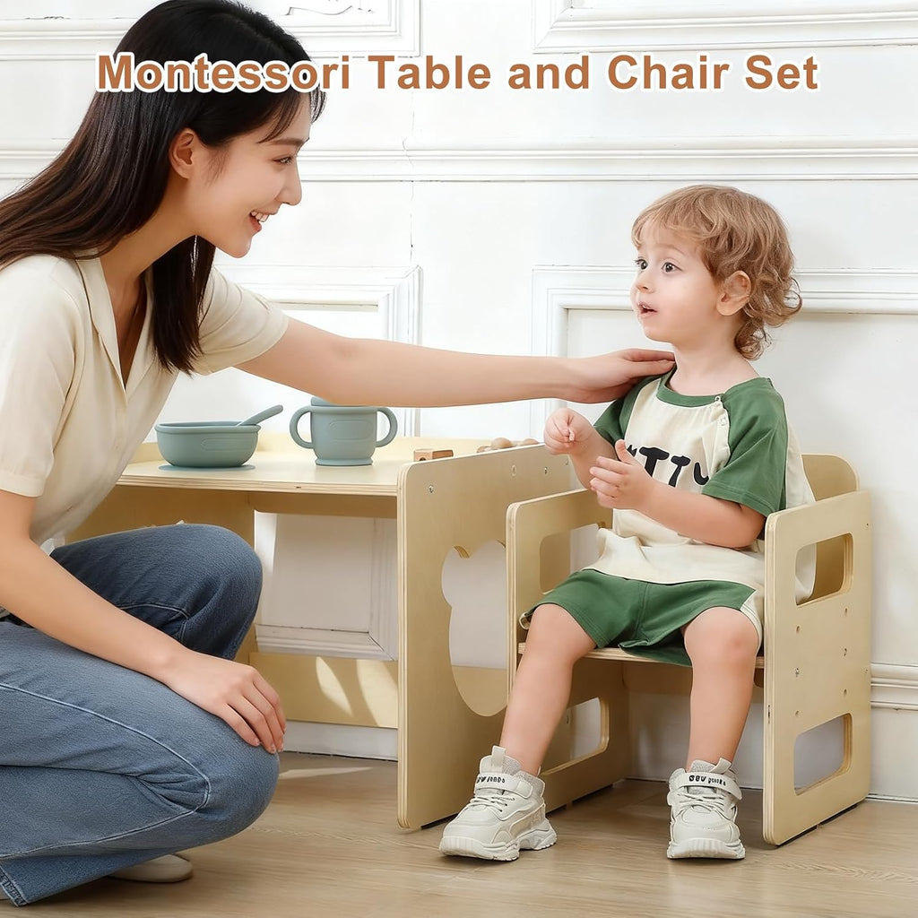Weaning Table and Chair Set - Level Height Adjustable Wooden Toddler Furniture, Activity Table Set for Eating