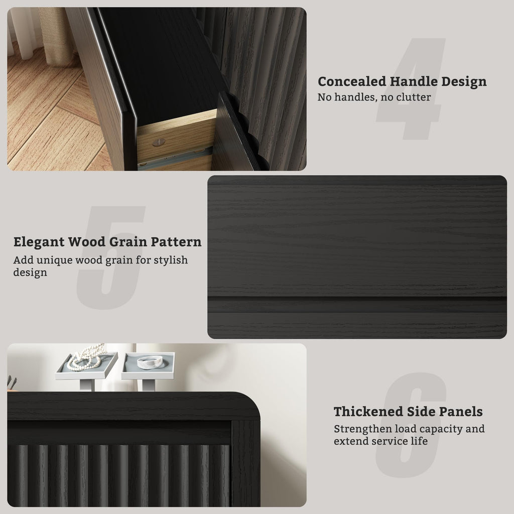 Black Fluted 8 Drawer Dresser, Curved Edge, 50" Wide