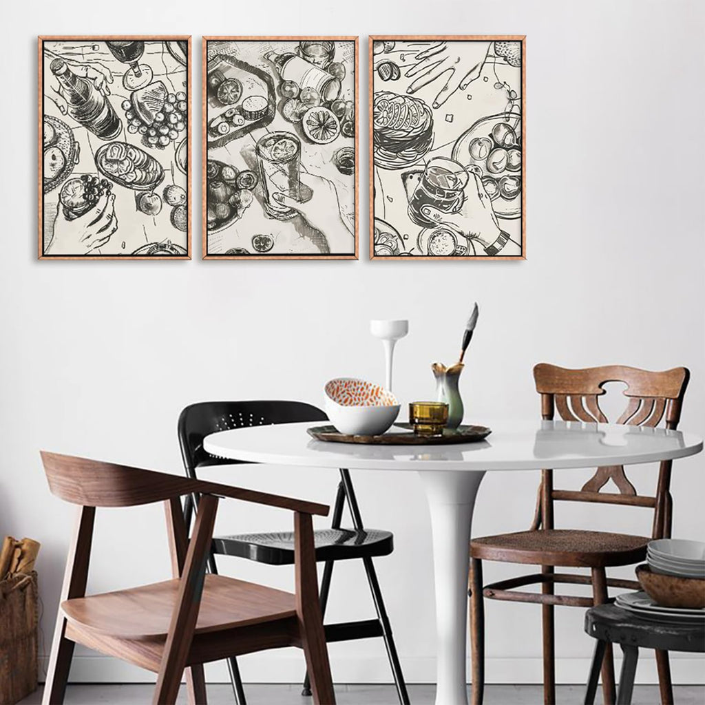 Large Retro Sketch Cheers Framed Canvas Wall Art, Food and Drink Wall Decor, Mid Century Gatherings Dinner Wall