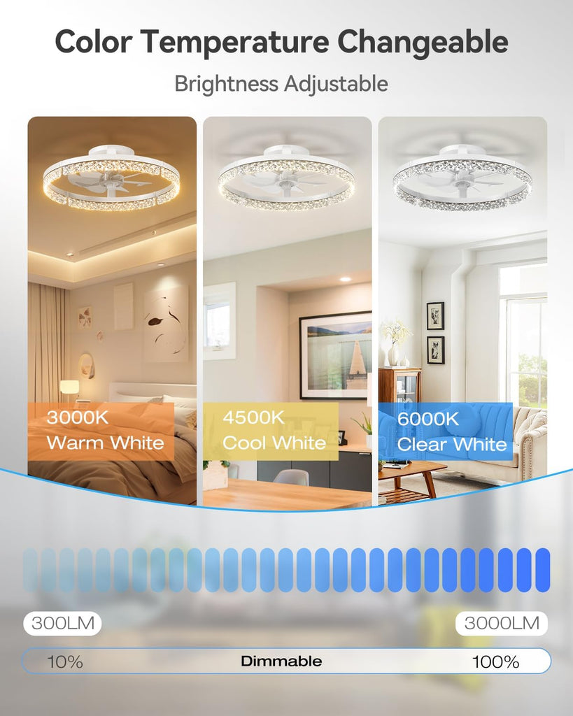 Ceiling Fans with Lights and Remote, 20'' Low Profile Ceiling Fans, 3000-6000K Dimmable Modern Flush Mount LED Fan Light, Fandelier Ceiling Fan for Bedroom, Kitchen, Living Room, White A101-B0DP27M8RT