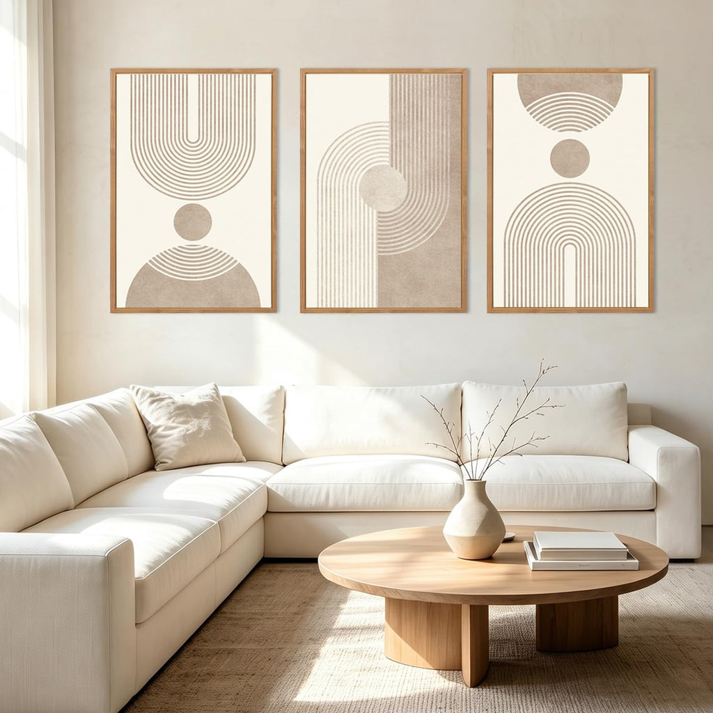 Beige Neutral Canvas Wall Art Boho Pictures Wall Decor Framed Geometric Abstract Artwork Modern Paintings Bedroom