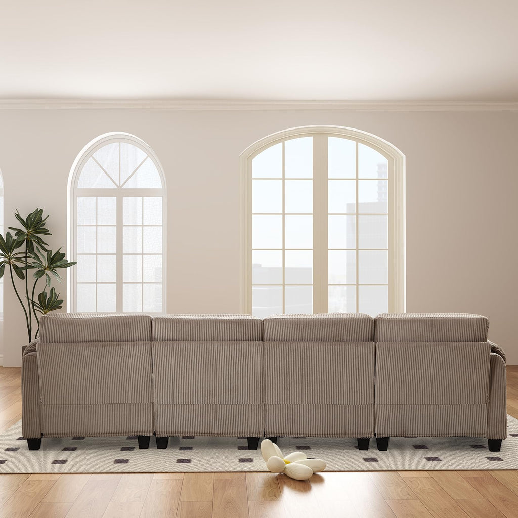 115" Wide Modular Sectional Sofa Couch, Oversized Corduroy l Shaped Sectional Couches with Rolled Arms, 7-Seater