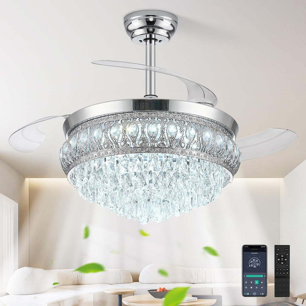 42" Fandelier Ceiling Fan with Light, Crystal Retractable Ceiling Fan with Lights and Remote, Chandelier Fans