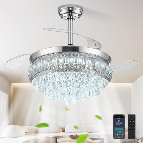42" Fandelier Ceiling Fan with Light, Crystal Retractable Ceiling Fan with Lights and Remote, Chandelier Fans