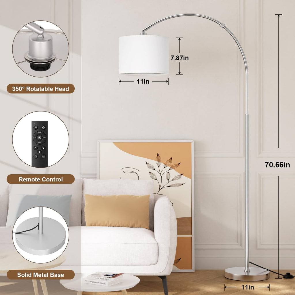 Dimmable Arc Floor Lamp with Remote, Color Temp Adjustable, Silver