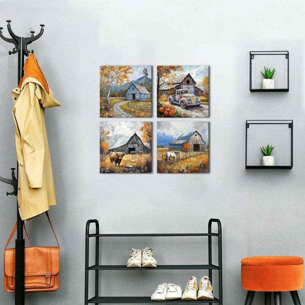 Autumn Forest Wall Art Cow Pictures Wall Decor Farmhouse Barn Windmill Truck Painting Farm Animals Horse Canvas
