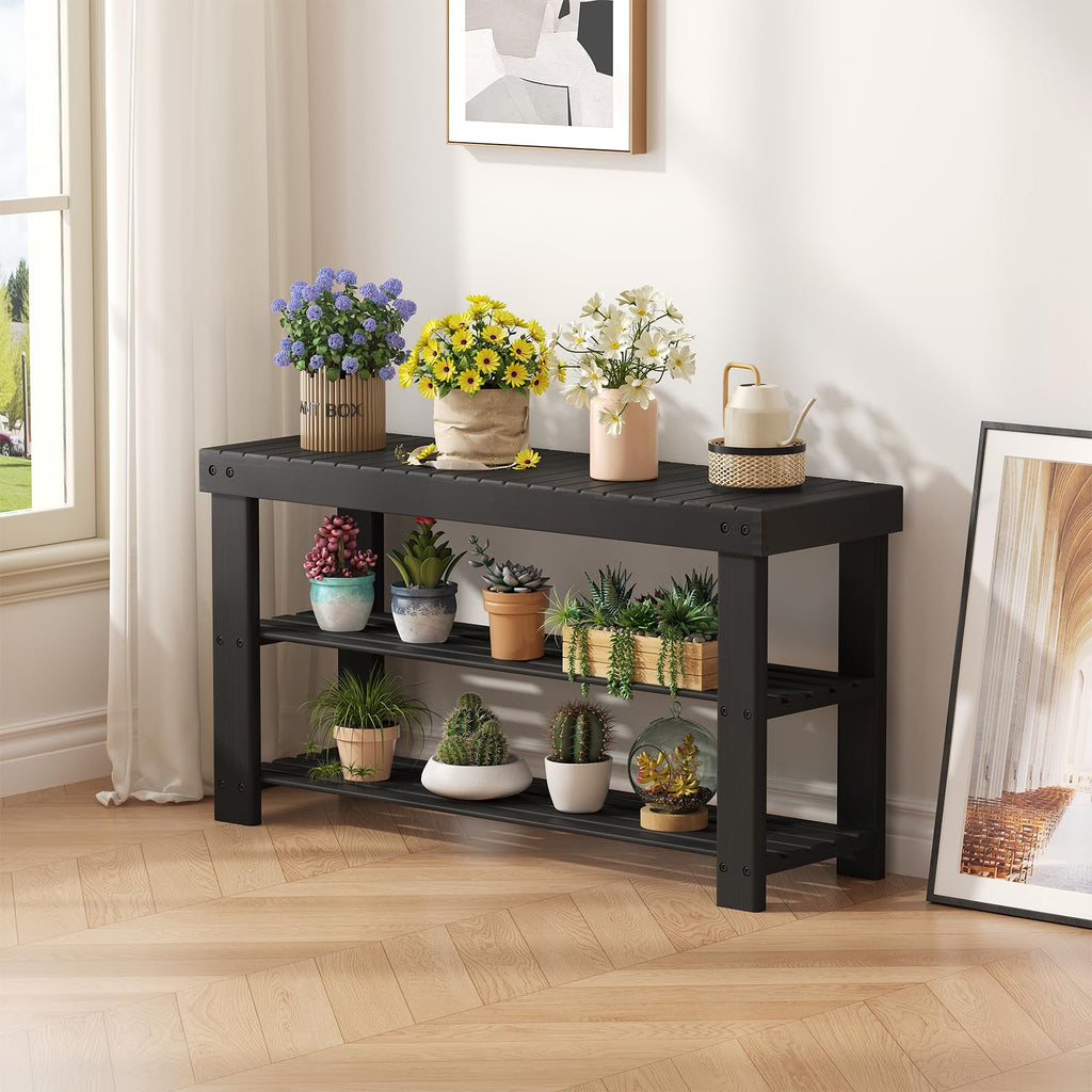 Shoe Rack Bench, 3-Tier Bamboo Organizer, 11x36x18in, Black