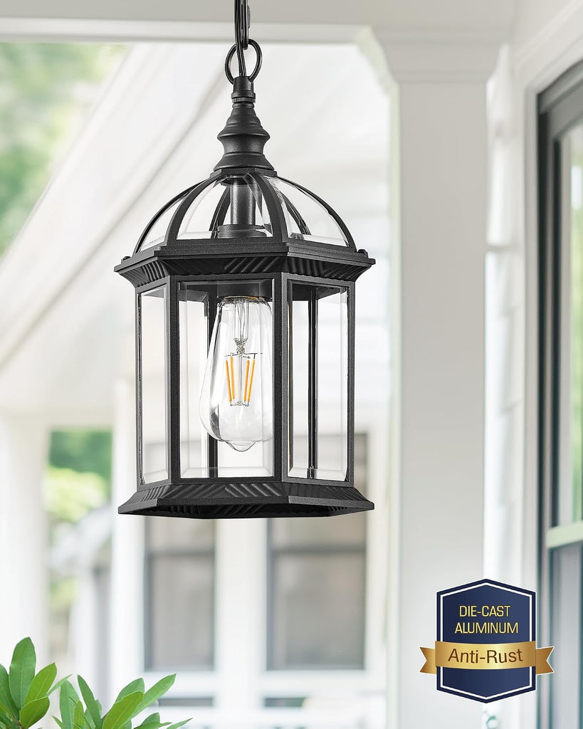 13.8" Large Outdoor Pendant Light Fixture, Black Hanging Porch Lights with Tempered Glass, Anti-Rust