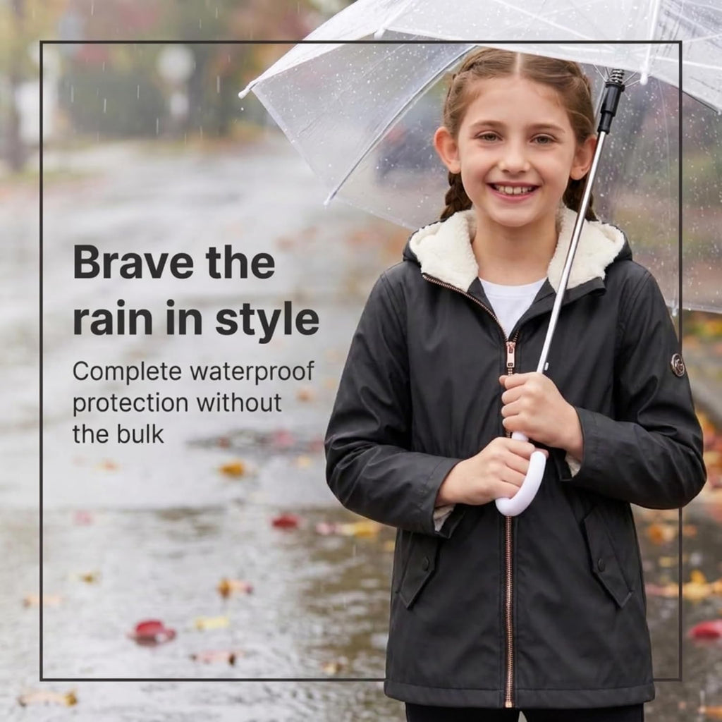Girls Rain Jacket - Sherpa Lined Hood, Warm Waterproof Coat