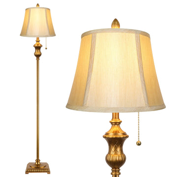 Gold Vintage Floor Lamp, Traditional Mid-century Floor Lamp with Elegant Silk Fabric Lampshade, 64inch Tall Standing