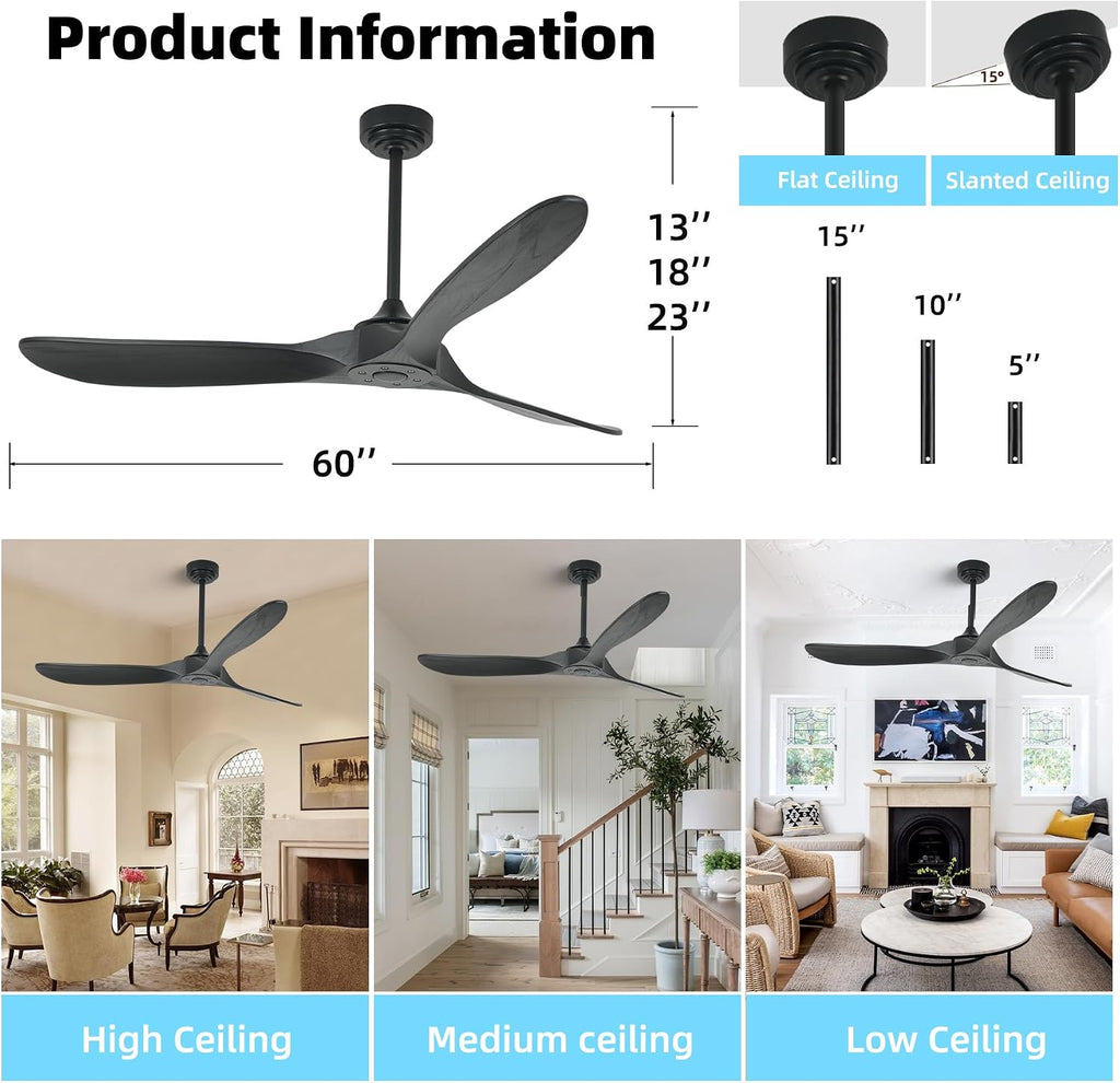 Outdoor Ceiling Fan Without Light, 60 Inch Smart Ceiling Fan with Remote & Voice Control for Compatible with