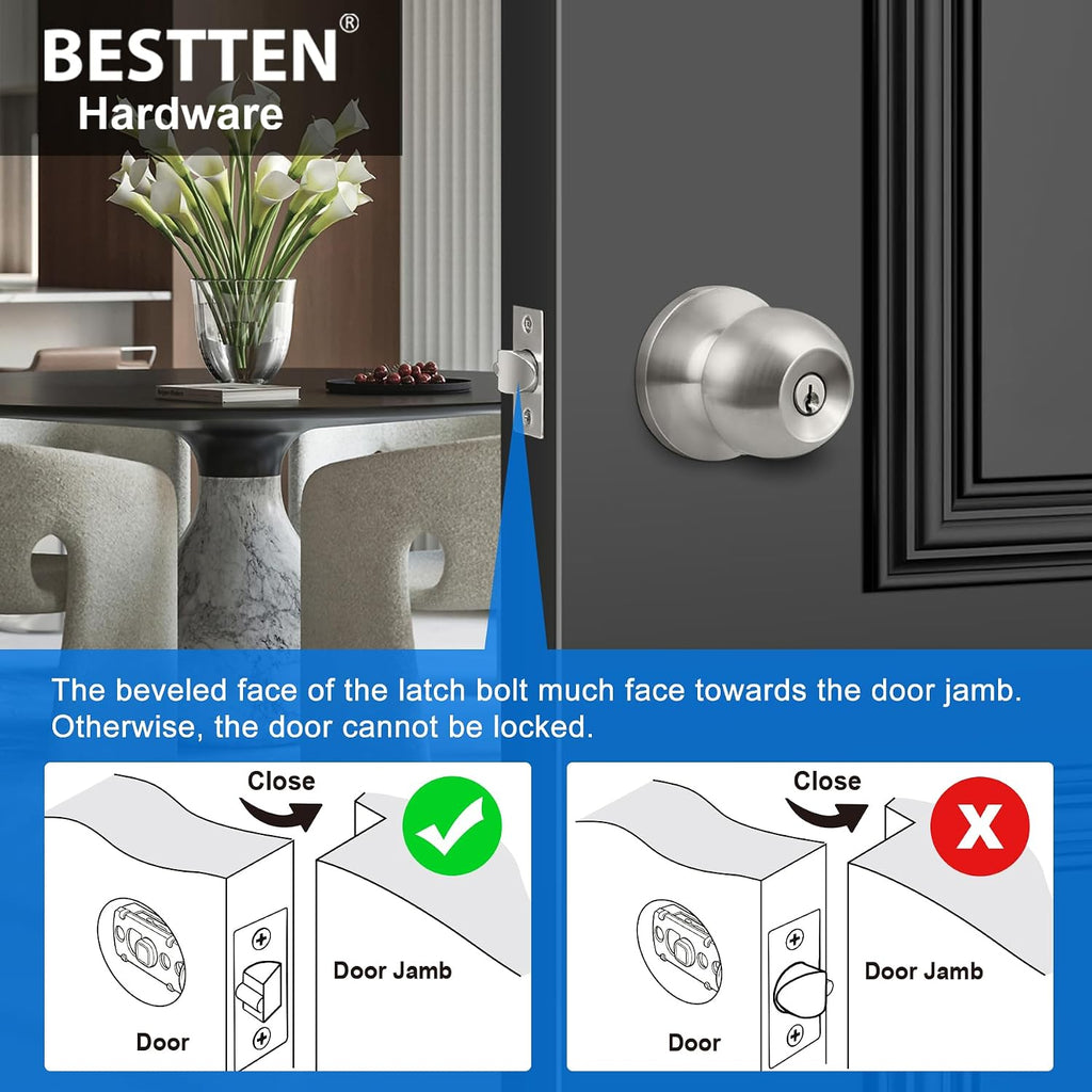 3 Pack Door Knob with Lock and Key, Keyed Different, Satin Nickel