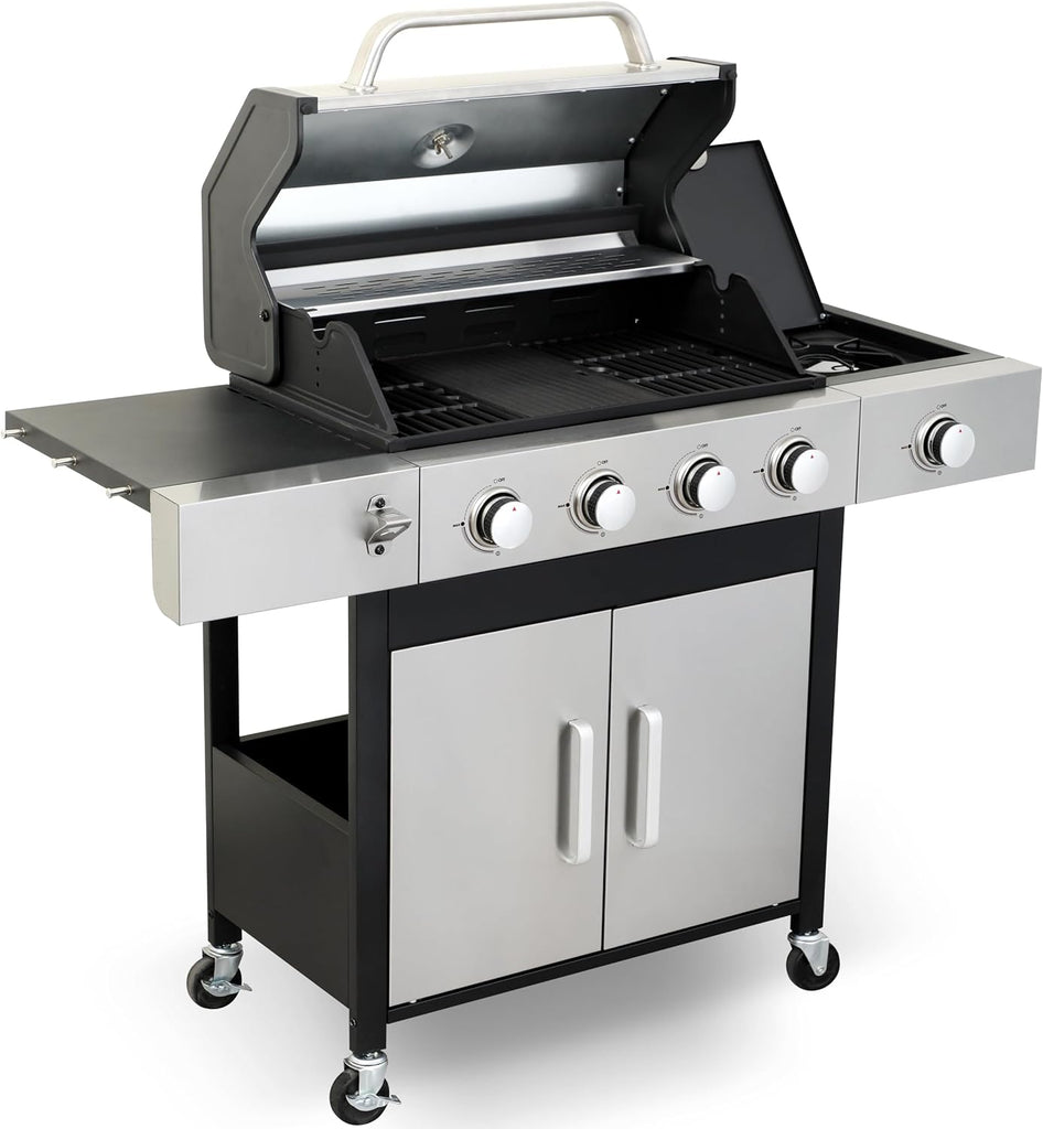 4-Burner Propane Gas Grill with Side Burner, 49,000 BTU BBQ Grill with Cast Iron Grates, Double-Layer Stainless Steel Lid and Grease Management System