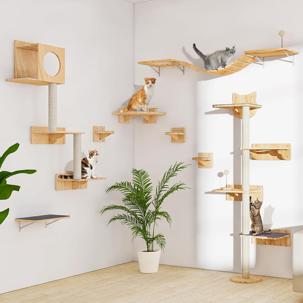 Cat Wall Shelves with 3 Steps, Wooden Cat Wall Furniture up to 15lbs, Floating Stairs for Small/Medium Cats, Kitty