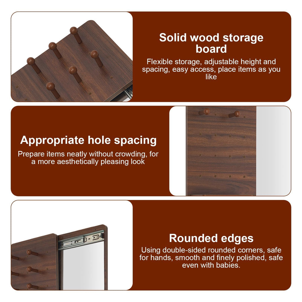 Full Length Mirror with Storage,Wall Mounted Mirror with Pegboard,Rotating Walnut Standing Entryway Mirror