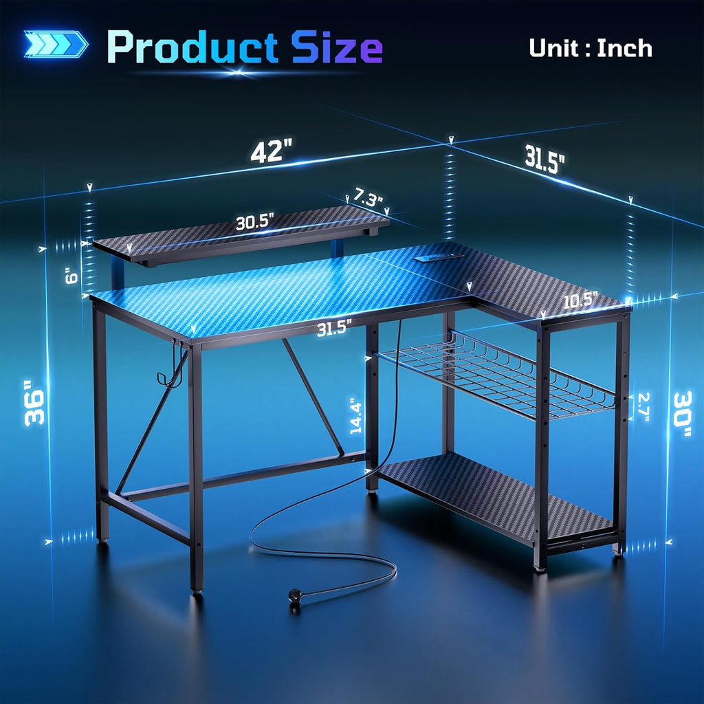 42-Inch L-Shaped Computer Desk with Charging & LED, Black | Charging 2AC+USB+Type-C, RGB LED Strip, Reversible