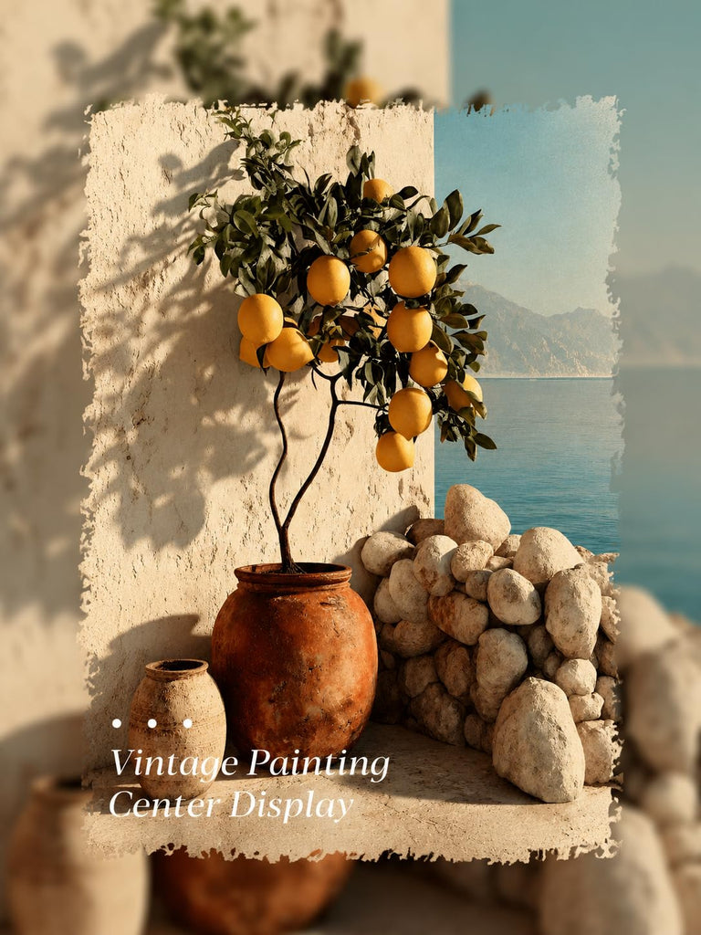 Gold Framed Wall Art, Vintage Mediterranean Lemon Tree Canvas Prints, Coastal Summer Picture Wall Decor, Rustic