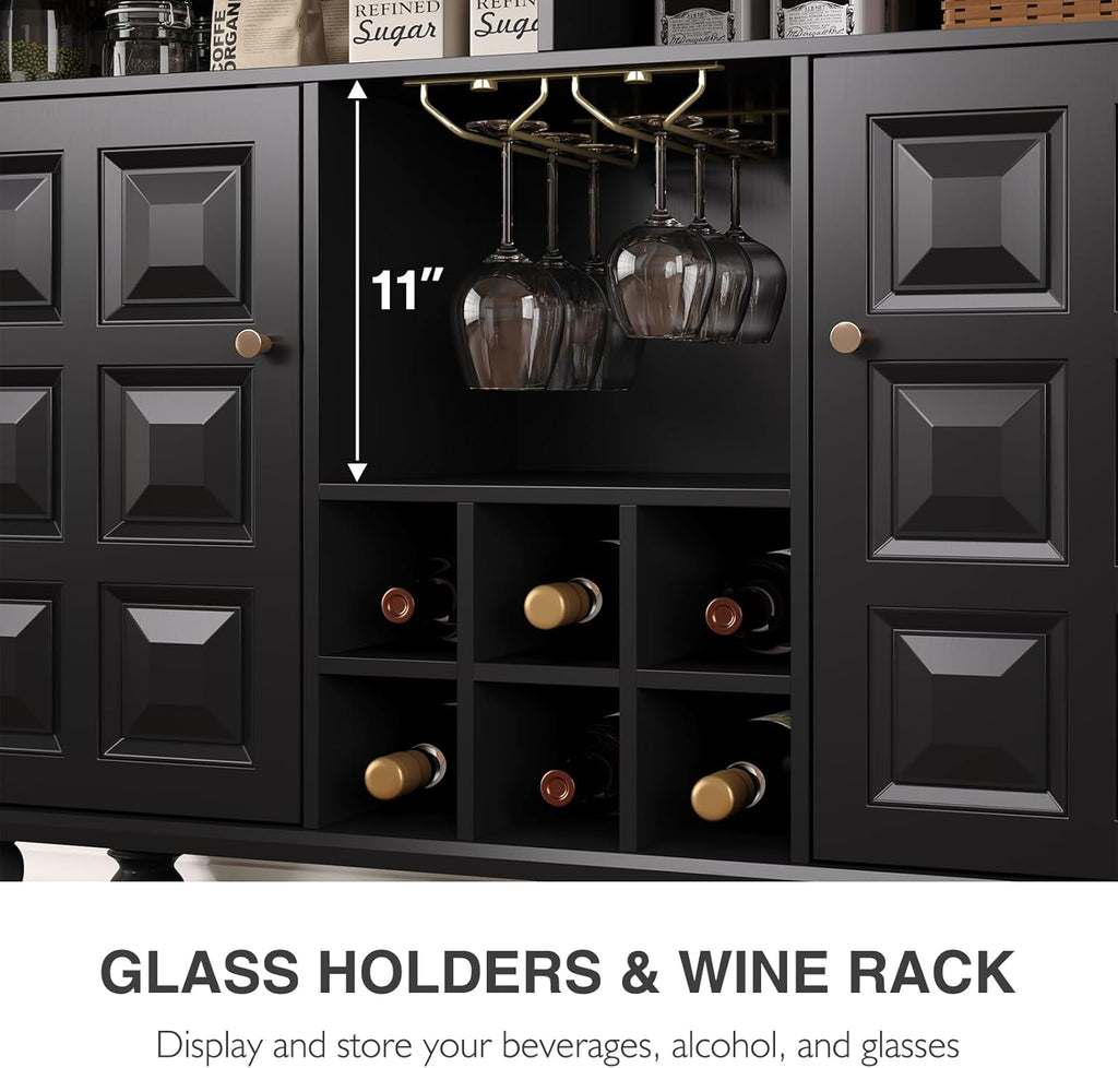 45" Coffee Bar Cabinet with Wine Rack and Glass Holder, Mid Century Modern Farmhouse Coffee & Liquor Bar Cabinet with