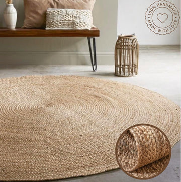 Handwoven Jute Area Rug - 6 feet Round - Natural Yarn - Rustic Vintage Beige Braided Reversible Rug - Eco Friendly