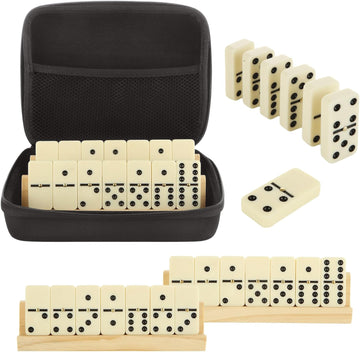 Dominoes Set for Adults with 4 Wooden Racks/Trays, Double 6 Dominoes Travel Set with Portable Case Double Six