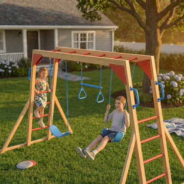 Wooden Swing Sets with Monkey Bar, Outdoor Playset for Kids with Trapeze Swing Bar and 2 Belt Swings, Heavy Duty