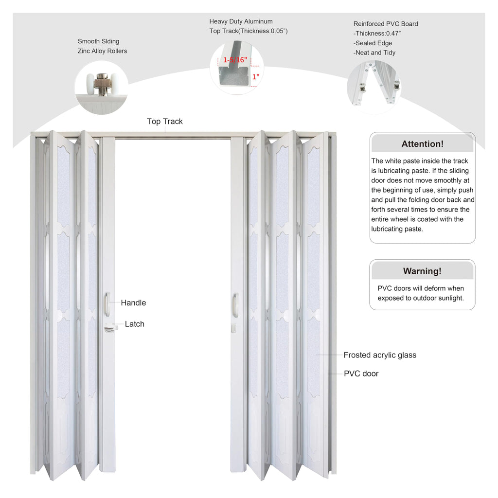 72X96in Interior Double Glass Accordion Door for Big Opennings, White