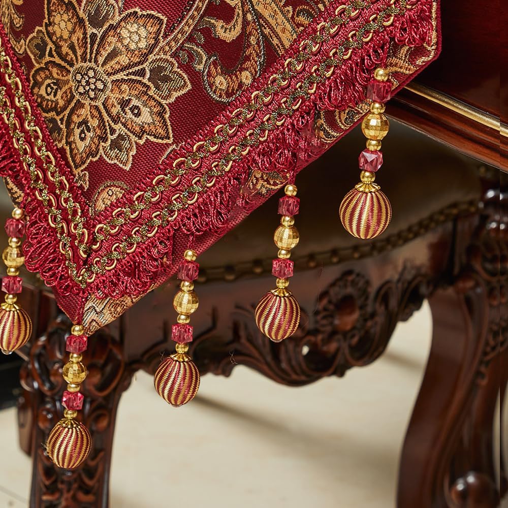 Luxury Vintage Table Runners 72 inches Long Embroidery Jacquard Fabric with Multi-Tassels Table Runners Dresser