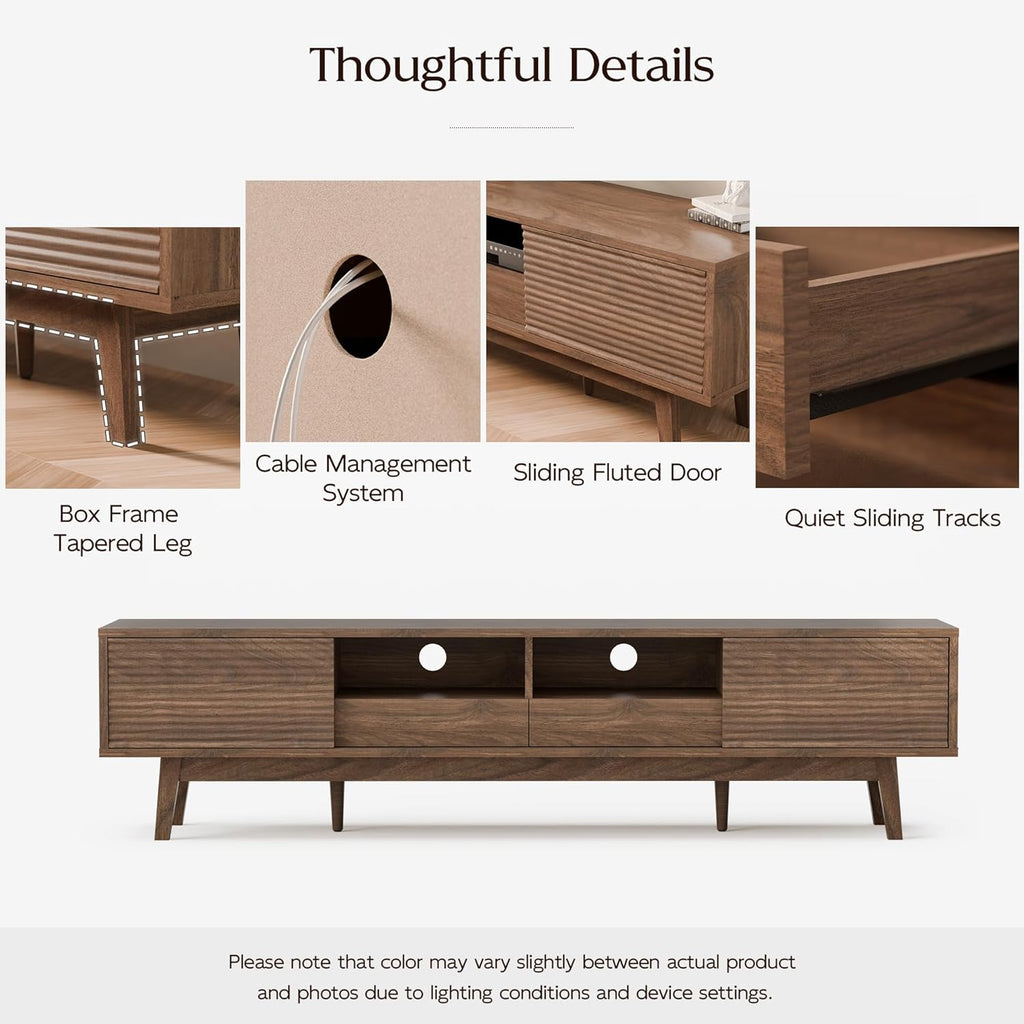 70" Mid Century Modern TV Stand for TVs up to 75 Inch, Low Profile Entertainment Center with Fluted Sliding Doors &