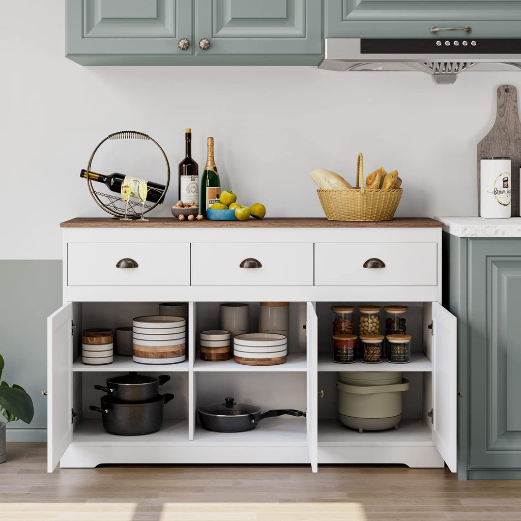 White Buffet Cabinet Storage Sideboard Farmhouse Server Bar Wine Cabinet with 3 Drawers & 3 Doors Adjustable Shelves