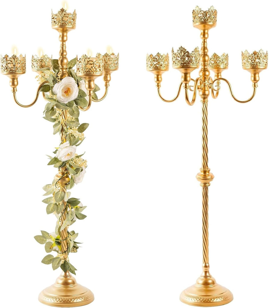 Tall Floor Candle Holders - 2Pcs Gold Candelabra, Metal 5 Arm Candlesticks Party Wedding Aisle Home Decor, 40" Tall