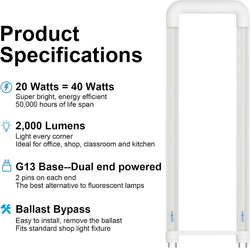 T8 U Bend Shape LED Tube Light 20W ETL Listed 2x2FT 6000k 10 Pack