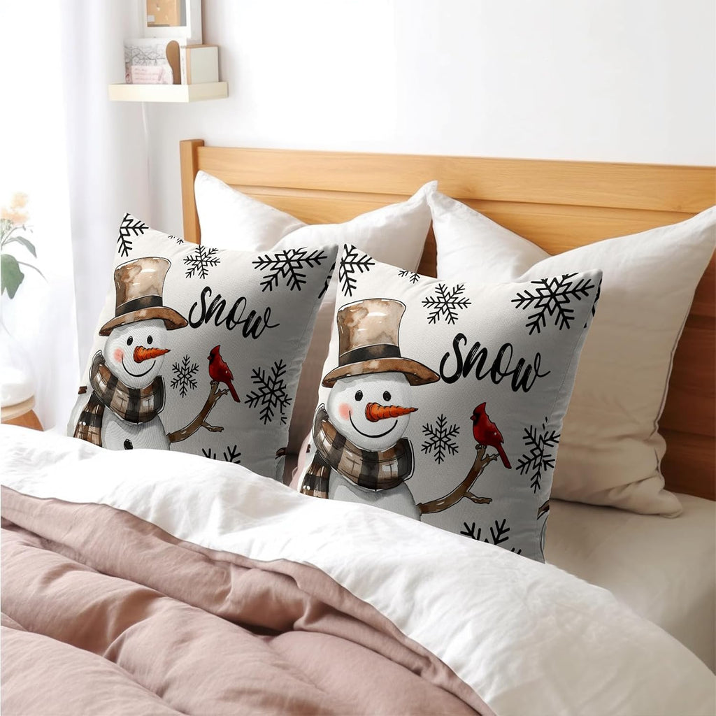 Snowman Throw Pillow Cover Christmas Pillowcase 18x18 Inch Snowflake and Red Cardinal Bird Decorative - Set of 2