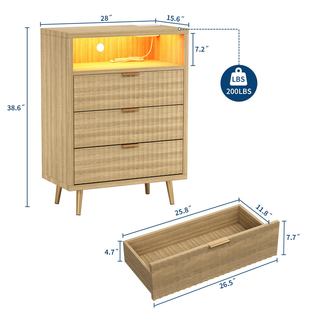 28"W 3 Drawers Dresser with LED and Charging Station, Oak