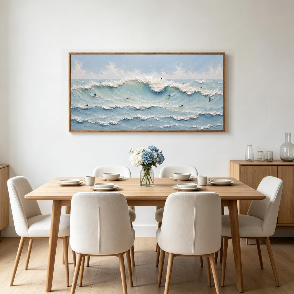 3D Textured Blue Coastal Surfing Framed Canvas Wall Art 40x20 Inch