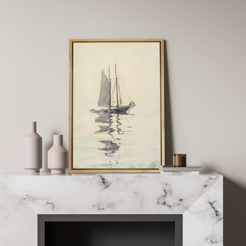Framed Canvas Print Wall Art Sailboat Reflections Watercolor Calming Seascape Illustrations Modern Art Minimal