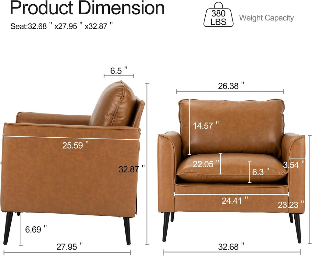 Modern Leather Chair, Oversized Armchair, Mid-Century Accent Reading Chair Comfy, Upholstered Single Sofa - Set of 2