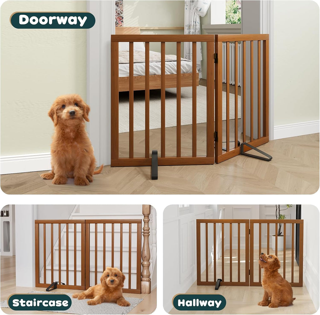 Dog Gate Indoor 2-Panel Freestanding Puppy Gates for The House with 2 Metal Stands 24" H Folding Wood Pet Gate