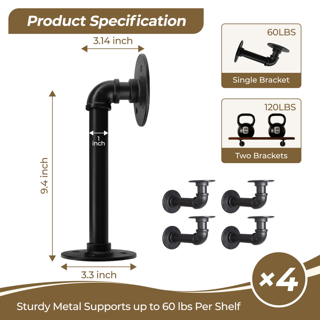 Industrial L Pipe Shelf Brackets for 10-20 in Depth Wood,9.4In 4 Pack