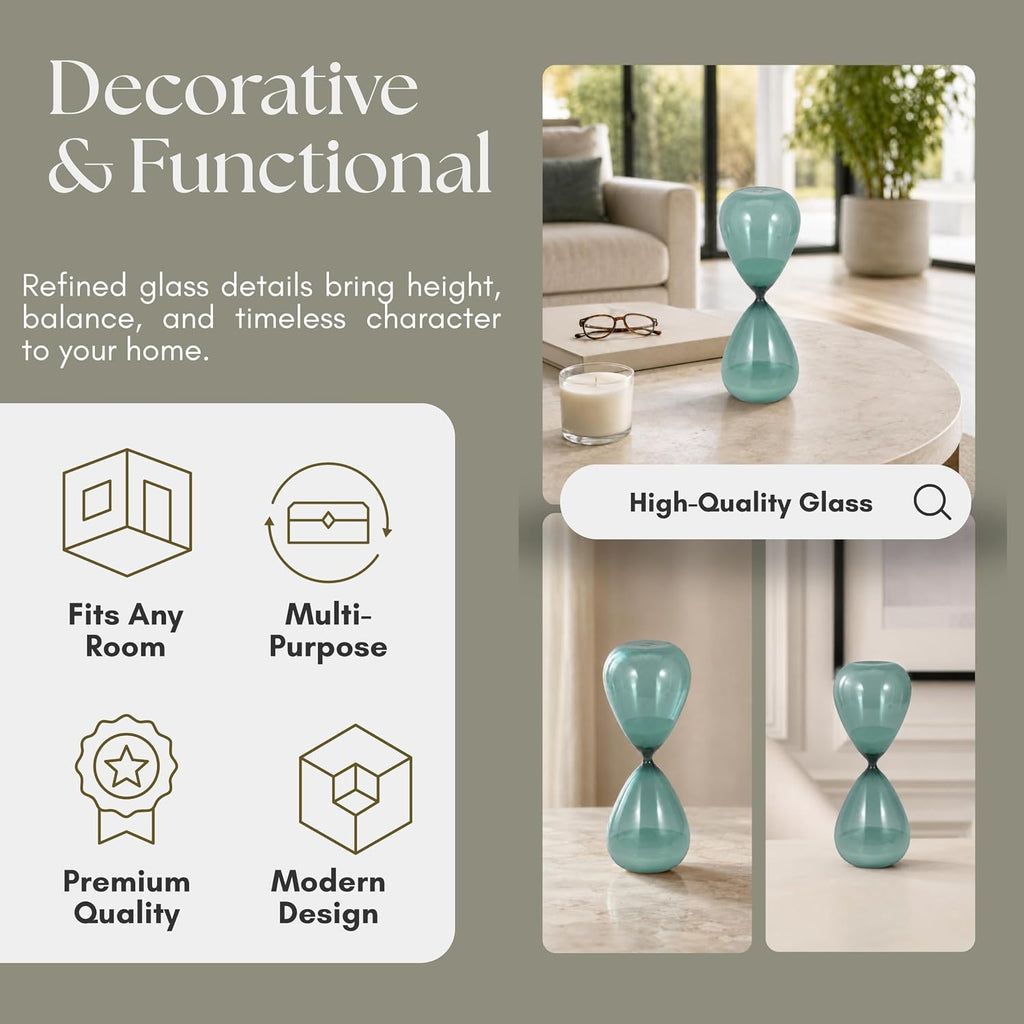 Bombara Teal Hourglass Decorative Object - Small Transparent Glass Sand Timer Modern Home Decor Accent - Shelf &