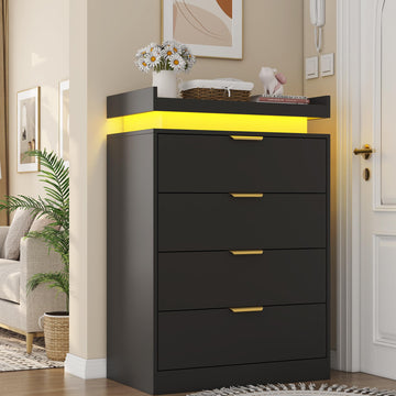 Black Dresser with LED Lights and Power Outlet, Wooden 4 Drawer Dresser Tall Dresser, Modern Chest of Drawers Closet